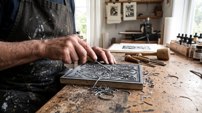Artisan printmaker carving linocut block in studio. Hands of artist using gouge tool for woodcut printmaking. Traditional craft workshop.
