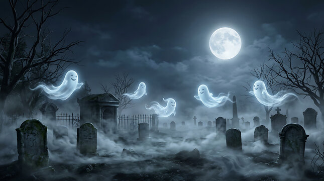 Haunting ghostly spirits floating over moonlit graveyard isolated on transparent background