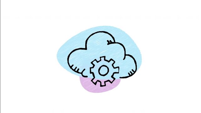 An animated hand-drawn cloud connected to a setting gear wheel. Perfect for cloud computing, online data processing, system settings, cloud storage maintenance, and IT infrastructure. 