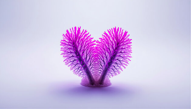 Pink coral textured structure shaped like heart isolated on light soft background.