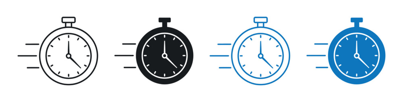 Stopwatch icon with speed lines depicts time measurement and swiftness