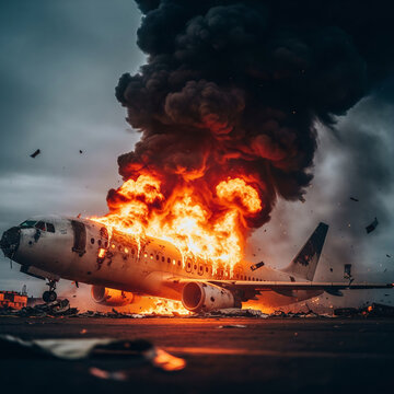 Commercial passenger airplane engulfed in intense orange flames and thick black smoke