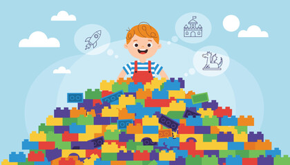 Obraz premium Happy young boy playing with a massive pile of colorful building blocks while imagining castles and rockets.