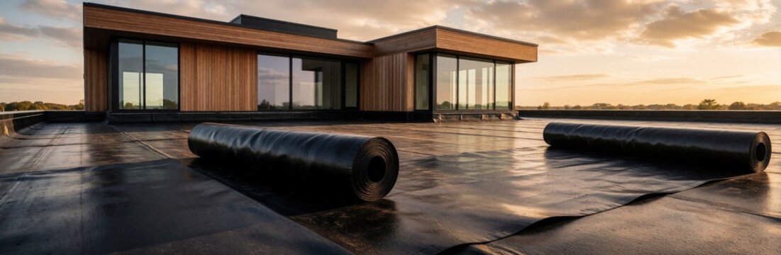 Black EPDM rubber membrane rolls on modern flat roof during construction. Workers install waterproof roofing material on residential building rooftop. New insulation layer for home improvement