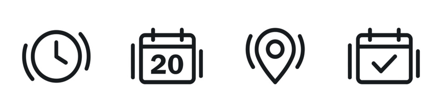 Four line icons depict time clock timepiece calendar datebook