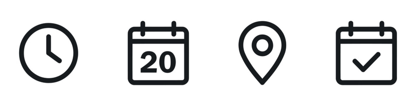 Clock calendar and location icons represent time dates and places