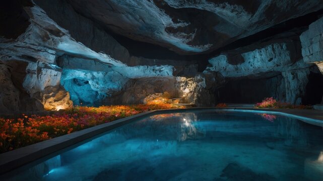 Illuminated underground pool with flowers in a stone cavern