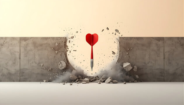 Red dart arrow smashing through concrete wall representing breakthrough success.