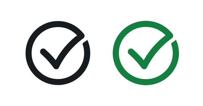 Check mark icons in black and green flat pictogram style