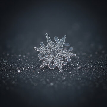 A single intricate snowflake rests on a dark textured surface in winter.