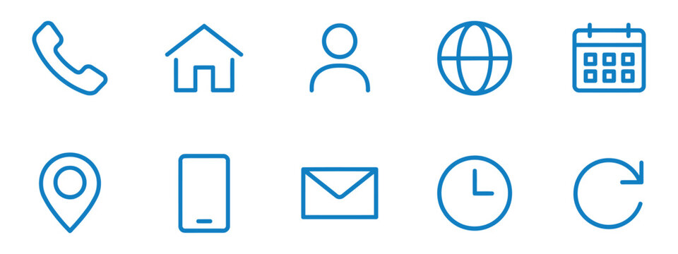 Collection of ten line style communication and location icons on a transparent surface