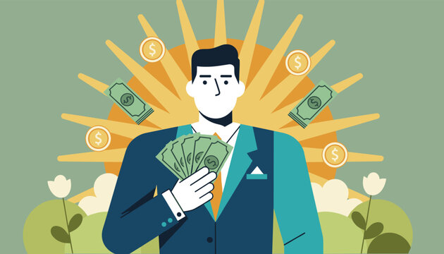 Successful businessman in a classic blue suit holds a fan of cash while gold coins and dollar bills rain down.
