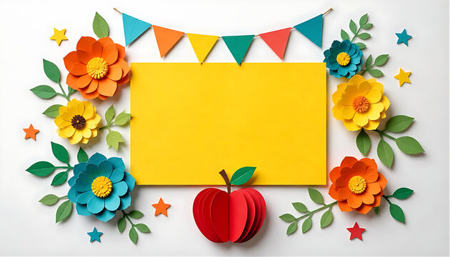 School theme banner with yellow blank board paper flowers and red apple craft.