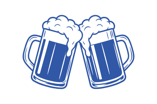 Two beer mugs clinking together a blue line illustration
