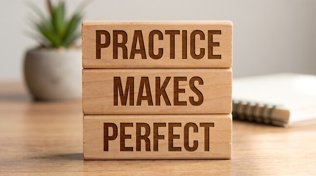 Practice Makes Perfect inspirational quote on wooden blocks, motivational business concept, natural wood texture on desk