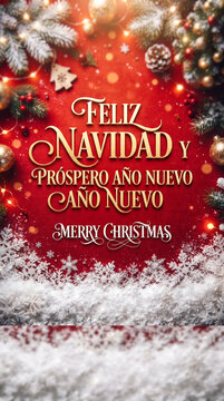 Elegante felicitaci&oacute;n &laquo;Feliz Navidad y Pr&oacute;spero A&ntilde;o Nuevo&raquo; sobre fondo rojo texturizado, decorada con ramas de pino nevadas, acebo, pi&ntilde;as, esferas y luces c&aacute;lidas.