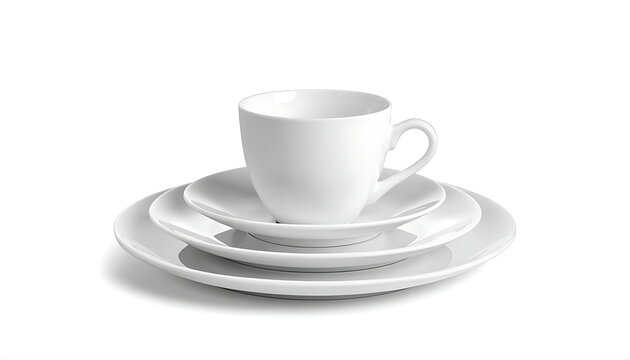 Stack of white plates and cup for minimalist table setting.
