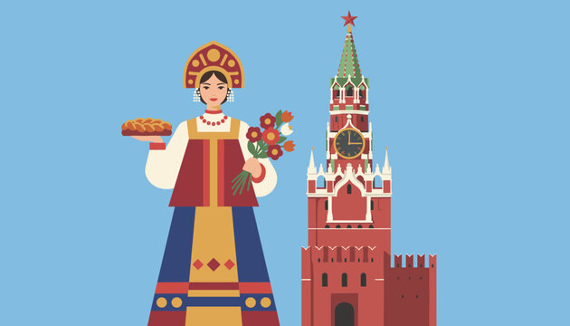 Woman in traditional Russian costume holding bread and flowers next to the iconic Spasskaya tower of the Kremlin.