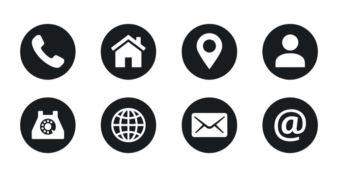 Communication and location contact icons set in circular black silhouettes