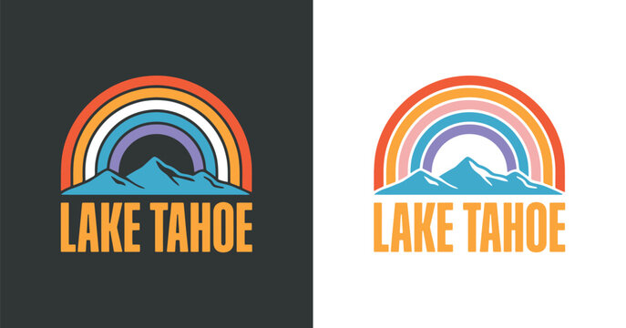 Rainbow arching over mountain peaks with lake tahoe lettering vector illustration