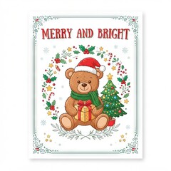 Fototapeta premium Teddy bear holding a christmas gift with a festive wreath