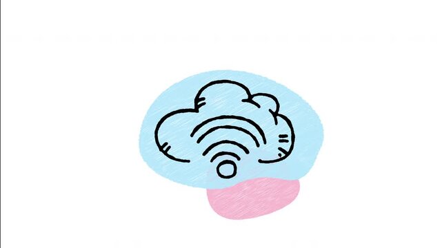 An animated hand-drawn cloud broadcasting wireless Wi-Fi signal waves. Perfect for wireless internet, cloud connectivity, network access, hotspot broadcasting, and online services. 