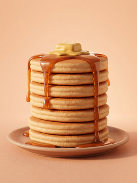 A tall stack of fluffy pancakes topped with melting butter and dripping maple syrup.