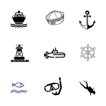 Nautical Icons Set featuring Ship Anchor Submarine and Scuba Gear PNG Collection with Transparent Background for Marine Design Projects