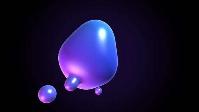 Abstract 3 d liquid morphing shape with floating spheres, neon blue and purple gradient motion background