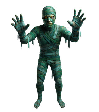 Scary Green Mummy Walking with Raised Hands Isolated on White