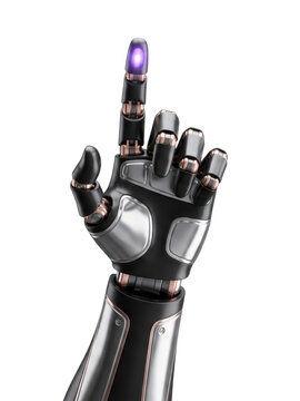 Futuristic Robotic Hand with Glowing Purple Fingertip Isolated on White