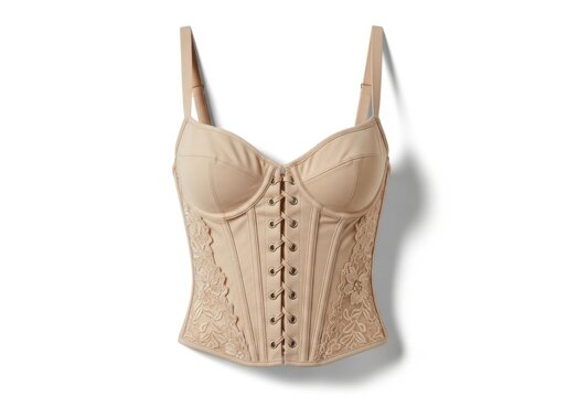 Vintage beige corset with lace detailing and metal hooks isolated on white background