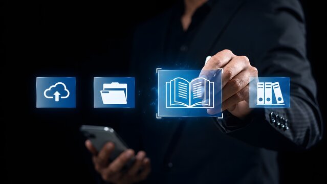 Person use laptop with virtual E-book icons for electronic books online, E-library concept. knowledge base on internet, digital library or e-library. Paperless concept, reading online.
