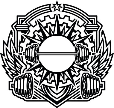 Vintage fitness emblem, barbell gym logo, industrial bodybuilding crest with wings and gears
