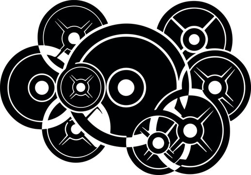 Minimalist barbell weight plates, gym equipment vector, black fitness iron discs