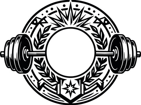Vintage fitness emblem with barbell. Gym logo crest with laurel wreath. Weightlifting vector icon.