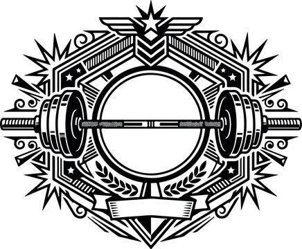 Vintage fitness barbell emblem, retro gym weightlifting logo, ornate sports crest vector