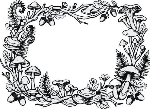 Vintage mushroom forest frame, botanical line art border, hand drawn autumn nature vector