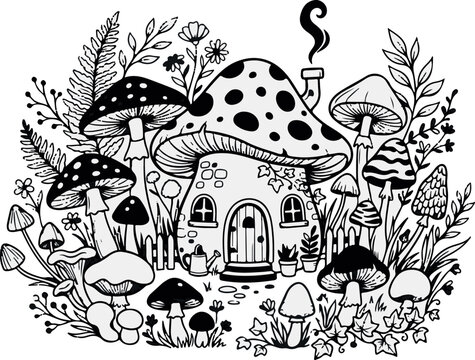 Whimsical mushroom house vector, fairy garden coloring page, enchanted forest toadstool cottage