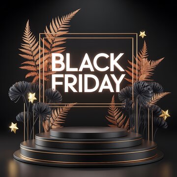 Elegant black friday promotional display with golden foliage and a dark background