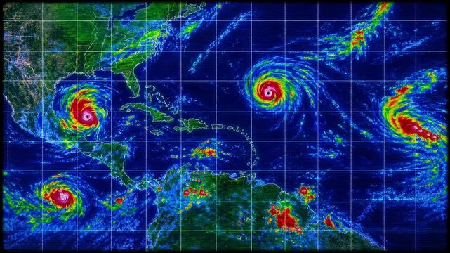 Weather radar map shows multiple tropical cyclones moving across Atlantic, Caribbean and Gulf
