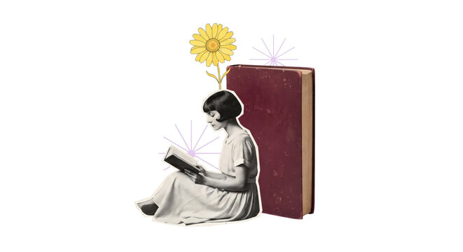 Surreal Woman Reading a Book with Giant Book and Sun Illustration