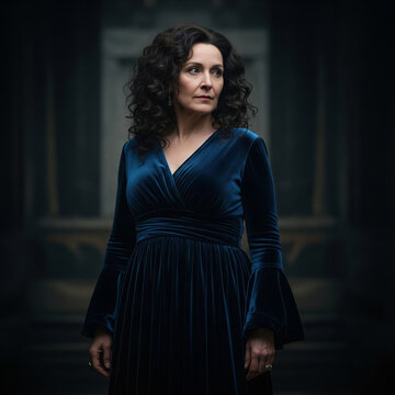Elegant mature woman wearing blue velvet dress in a dark gothic setting