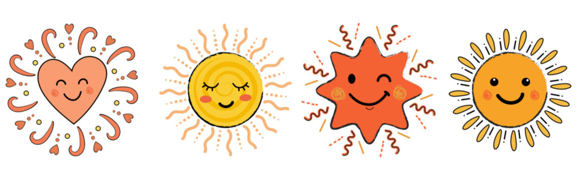 Cute cartoon sun face icons. happy smiling sunshine characters. hand drawn doodle art. bright summer weather symbols with character sunshine illustration collection children atmosphere