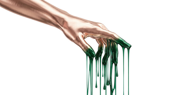 Human Hand Covered with Dripping Green Slime Isolated on White Background