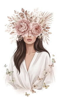 Surreal Woman Portrait with Elegant Floral Crown Watercolor Illustration