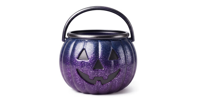 Purple Glitter Halloween Pumpkin Candy Bucket Isolated on White Background