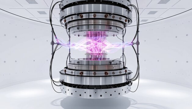 Quantum computer dilution refrigerator hanging in a pristine white room, shimmering quantum entanglement beams connecting the core.  