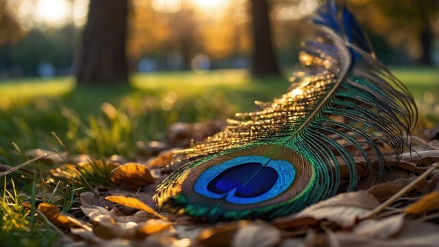 Vibrant peacock feather resting on dry leaves in a sunlit park