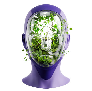 Surreal Transparent Head with Green Plants and Headphones Isolated on White